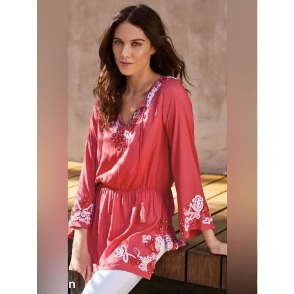 Soft Surroundings coral floral crush embroidered tassel tunic blouse women’s 3X - Picture 5 of 6